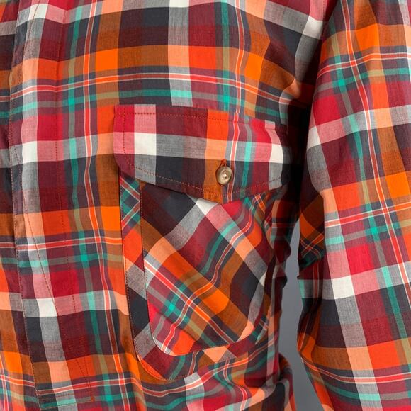 M Red Multi Color Plaid Cotton One Pocket Button Down Collar Long Sleeve Shirt - Picture 2 of 7